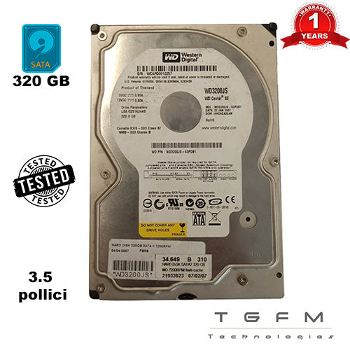 Hard Disk HDD | S-ATA | 3.5" | per pc desktop | 320 GB | 100% testato e funzionante | RICAMBIO SOLO DA Western Digital