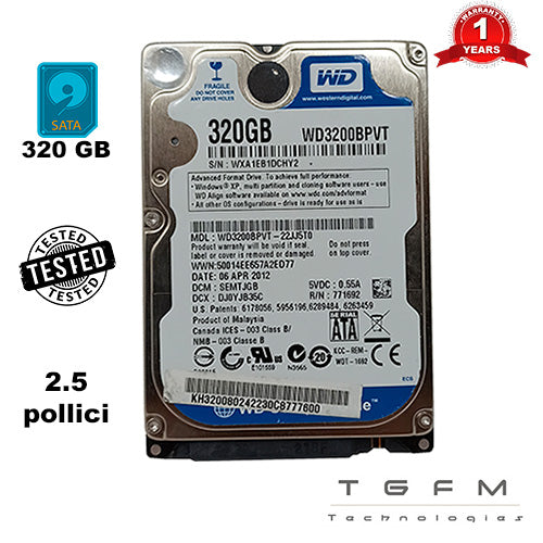 Hard Disk HDD | S-ATA | 2.5" | per notebook e desktop | 320 GB | 100% testato e funzionante | RICAMBIO SOLO DA TGFM Technologies